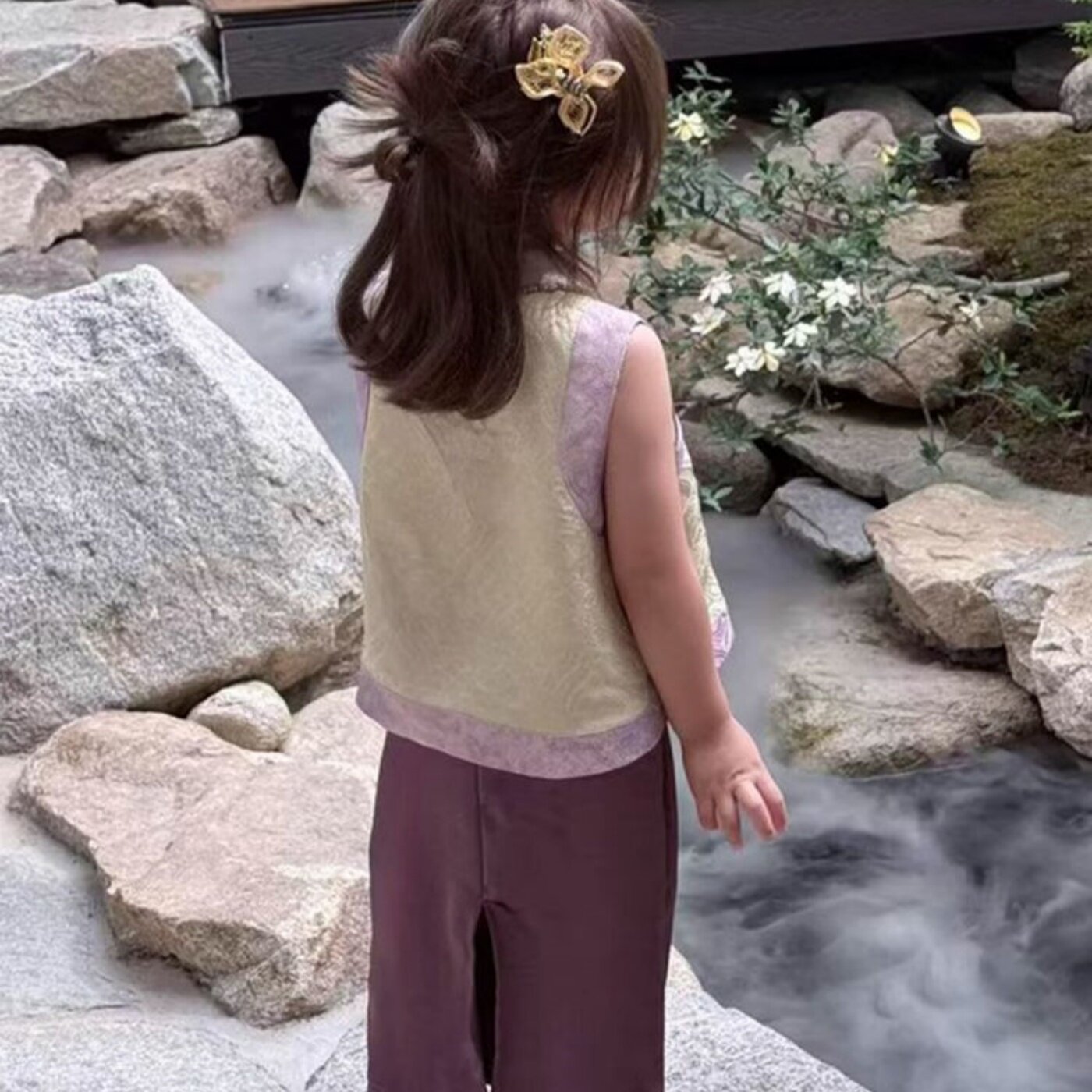 新中式女童汉服套装夏季儿童复古国风薄款坎肩立领马甲锦缎半身裙