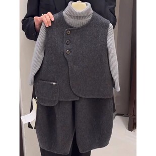 韩版男童冬季深灰色毛呢加厚套装儿童高级感气质马甲休闲裤两件套