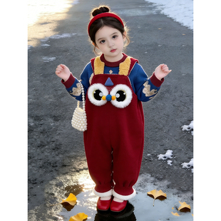 韩版男女童冬季新年红色舞狮羊羔绒背带裤儿童加厚连身裤蓝色毛衣