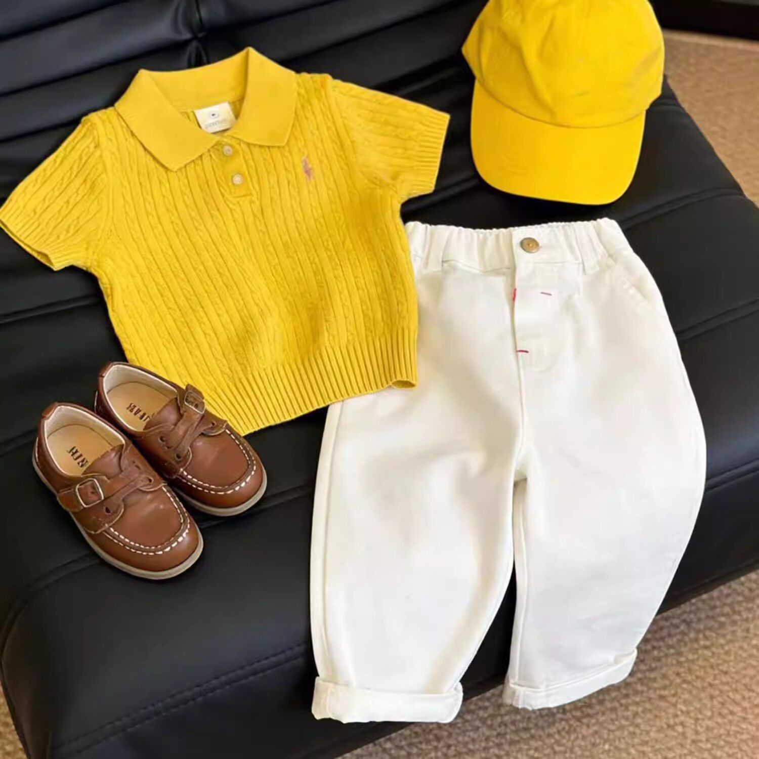 男童百搭Polo针织衫2026夏季新款黄色刺绣麻花短袖儿童白色休闲裤
