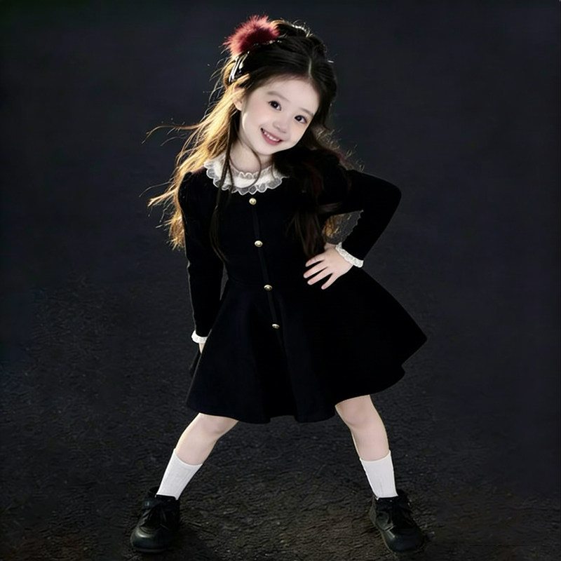 女童赫本风长袖小黑裙2026春季新款小女孩高级感公主裙生日裙礼服