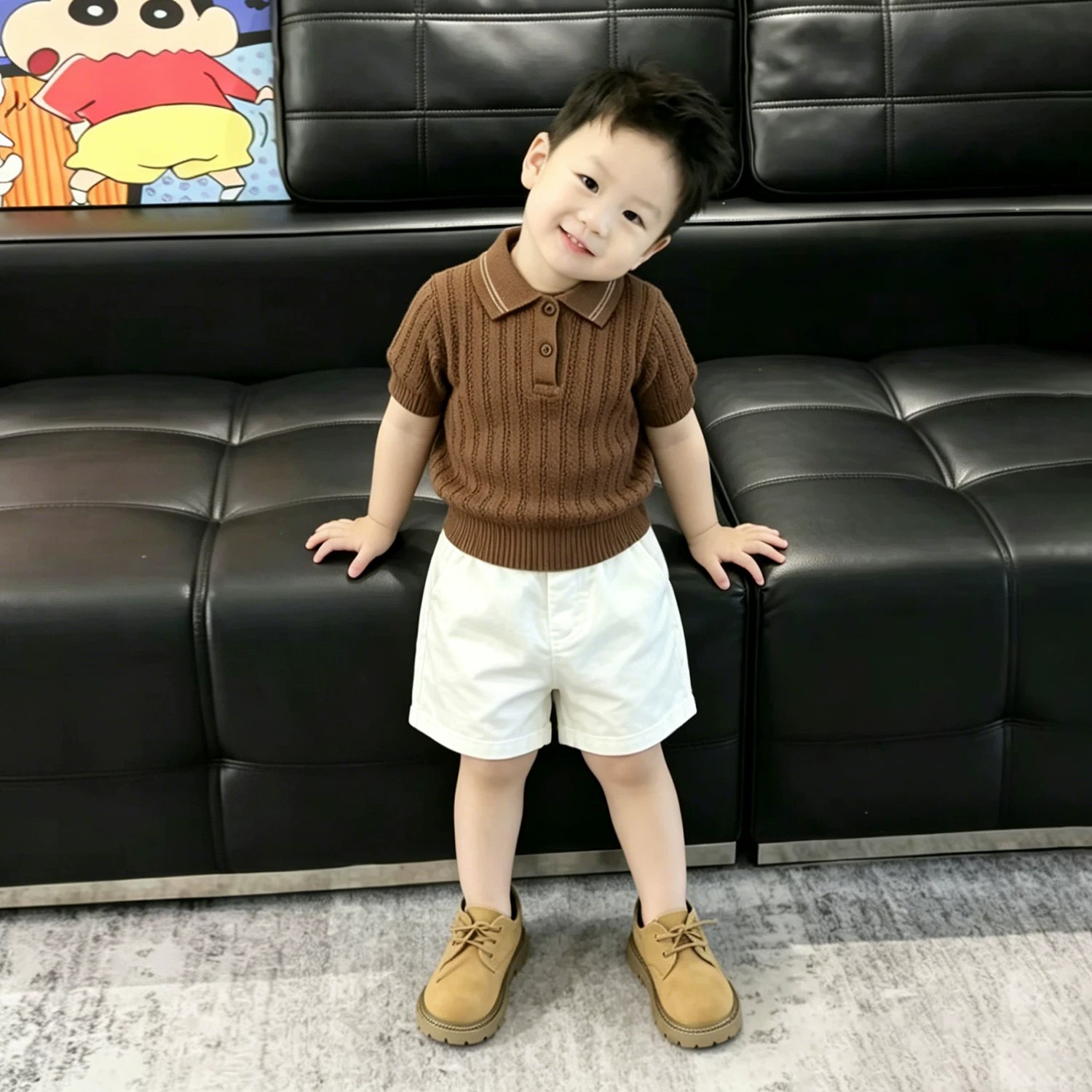 男童夏季棕色Polo翻领缕空短袖