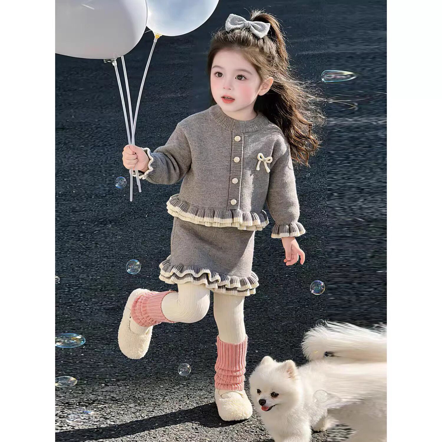 韩版女童2026冬季新款灰色蝴蝶结花边加厚毛衣小女孩半身裙两件套