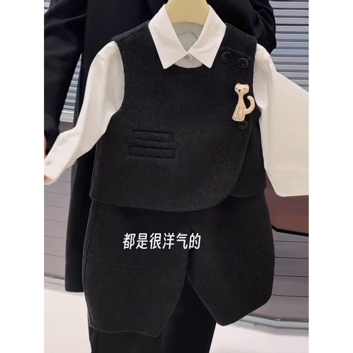 韩版男童秋冬深灰色加厚毛呢套装