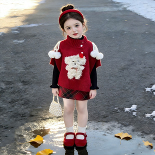 女童红色毛衣套装冬季一整套穿搭洋气女宝宝过年服冬装儿童针织衫