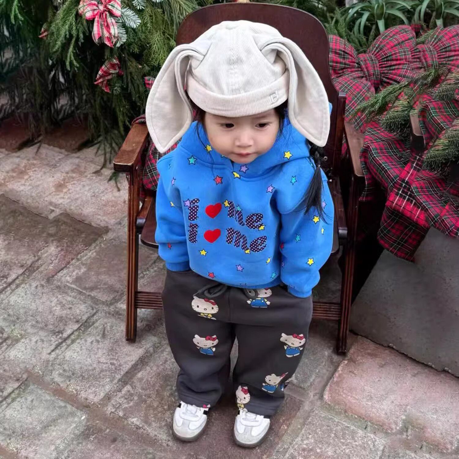 韩版女童2025冬季新款蓝色星星连帽加绒卫衣小女孩灰色猫咪直筒裤