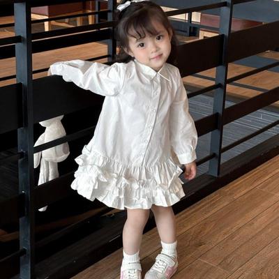 女童白色Polo领花边衬衫连衣裙2025春季新款长袖花瓣边蓬蓬公主裙