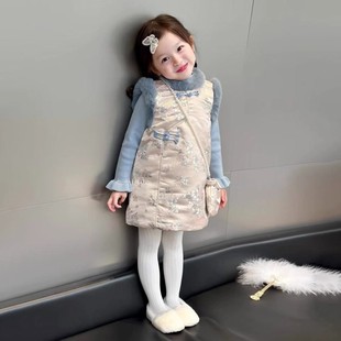 新中式童装2025秋冬新款甜美蓝色毛绒夹棉旗袍裙女童拜年服两件套