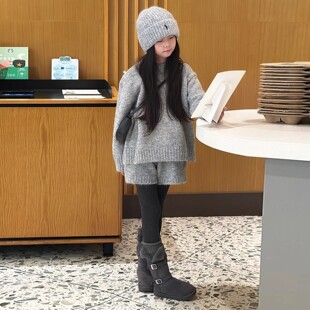 韩版女童2025秋冬新款灰色针织套装小女孩时尚气质加厚毛衣短裤子