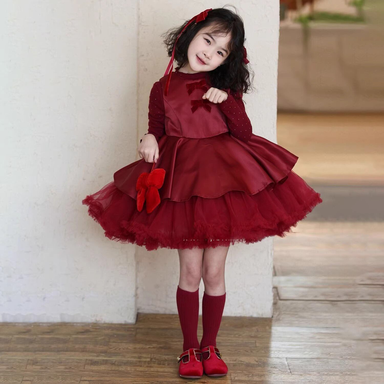 韩版女童2025冬季新款酒红色缎面拼接网纱tutu裙小女孩蓬蓬公主裙