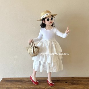 韩版女童2025秋季新款白色针织长袖连衣裙小女孩沙滩裙蕾丝公主裙