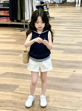 女童夏季藏青色海军领针织背心