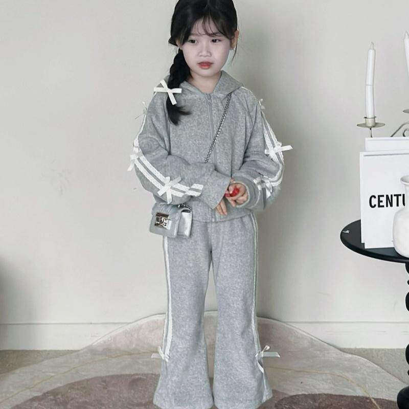 韩版童装2025春秋款灰色蝴蝶结连帽拉链卫衣女童蕾丝边喇叭裤套装