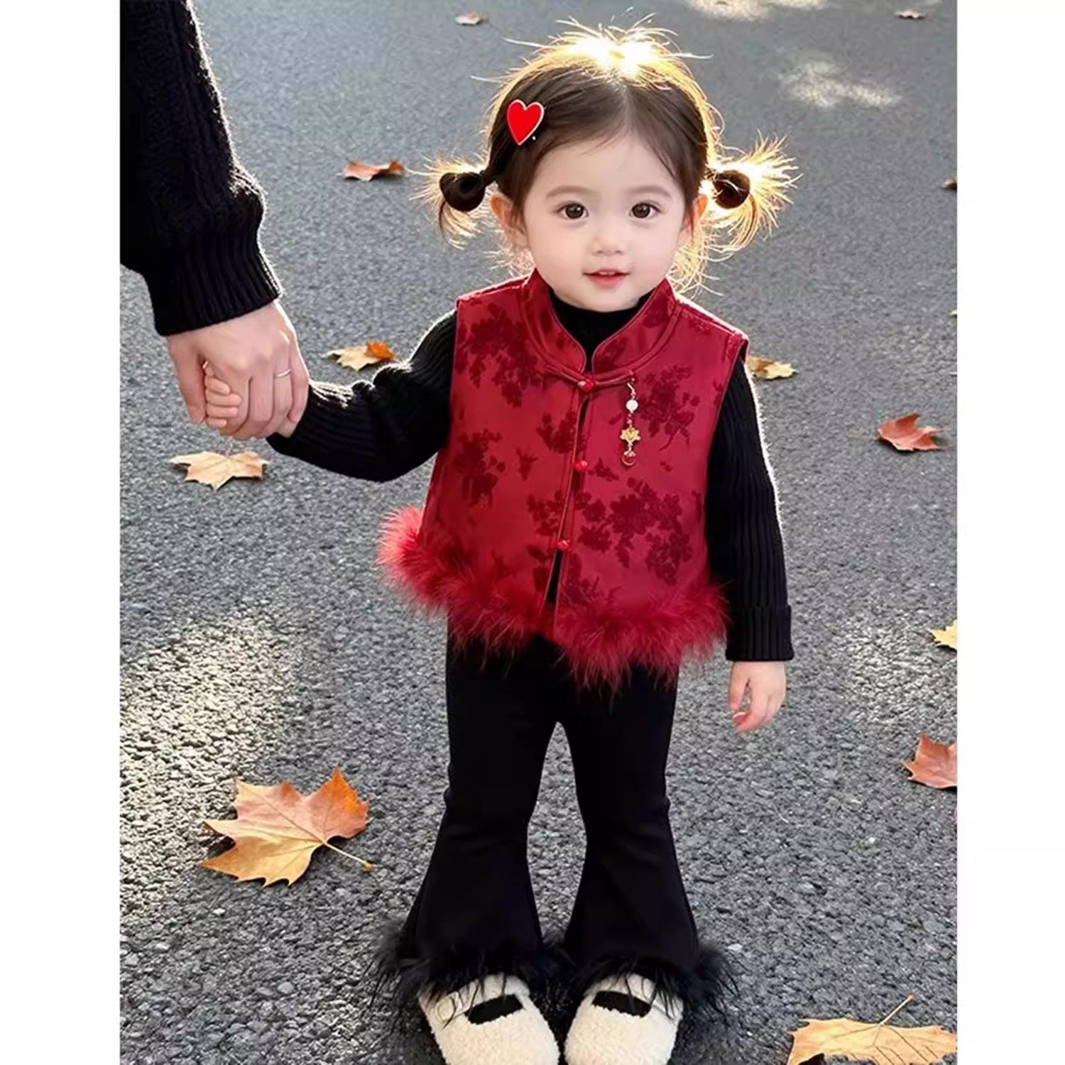 女童冬季新年战袍红色旗袍马甲