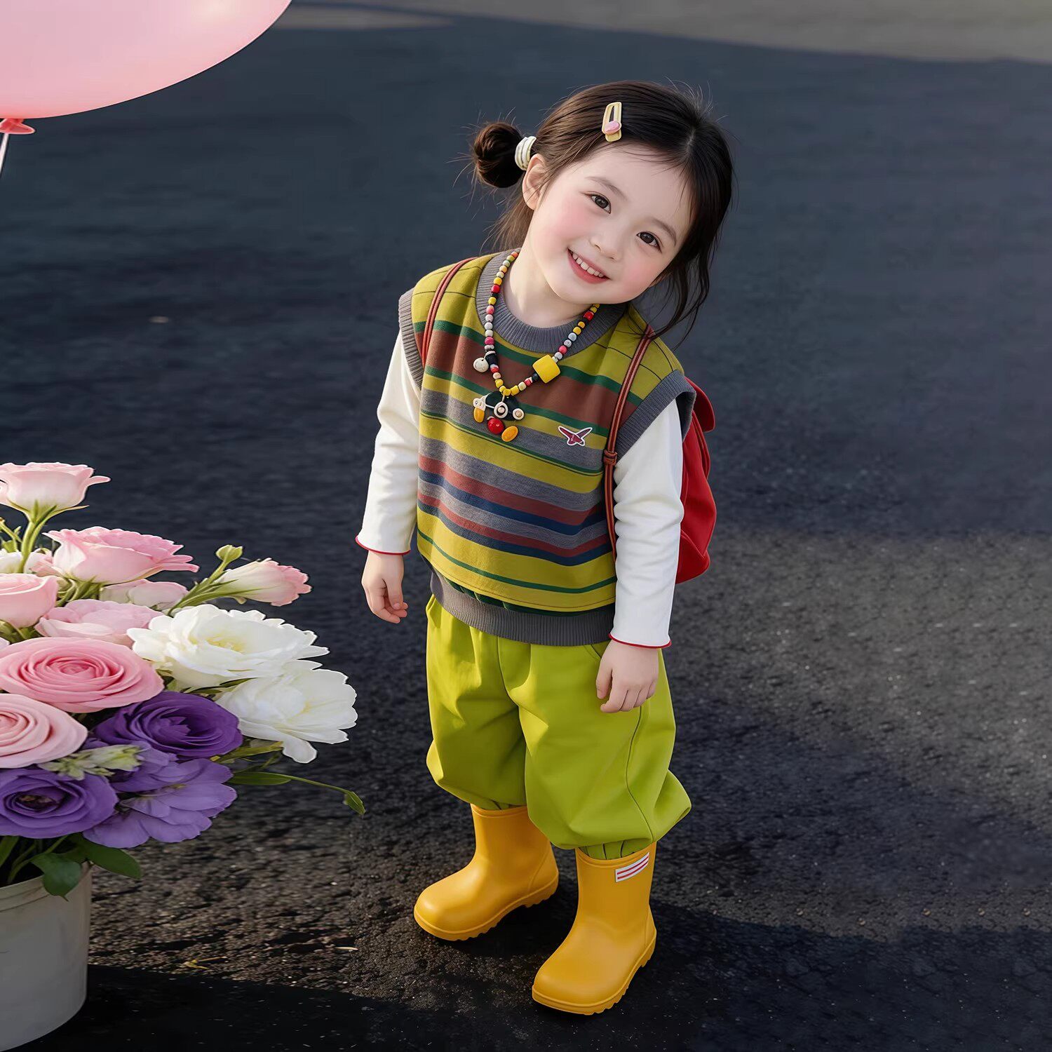 韩版女童2026春季新款多巴胺撞色条纹针织马甲背心女孩绿色休闲裤