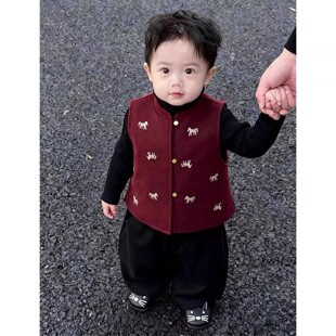 新中式男童26冬季马年战袍红色小马旗袍马甲儿童国风拜年立领背心