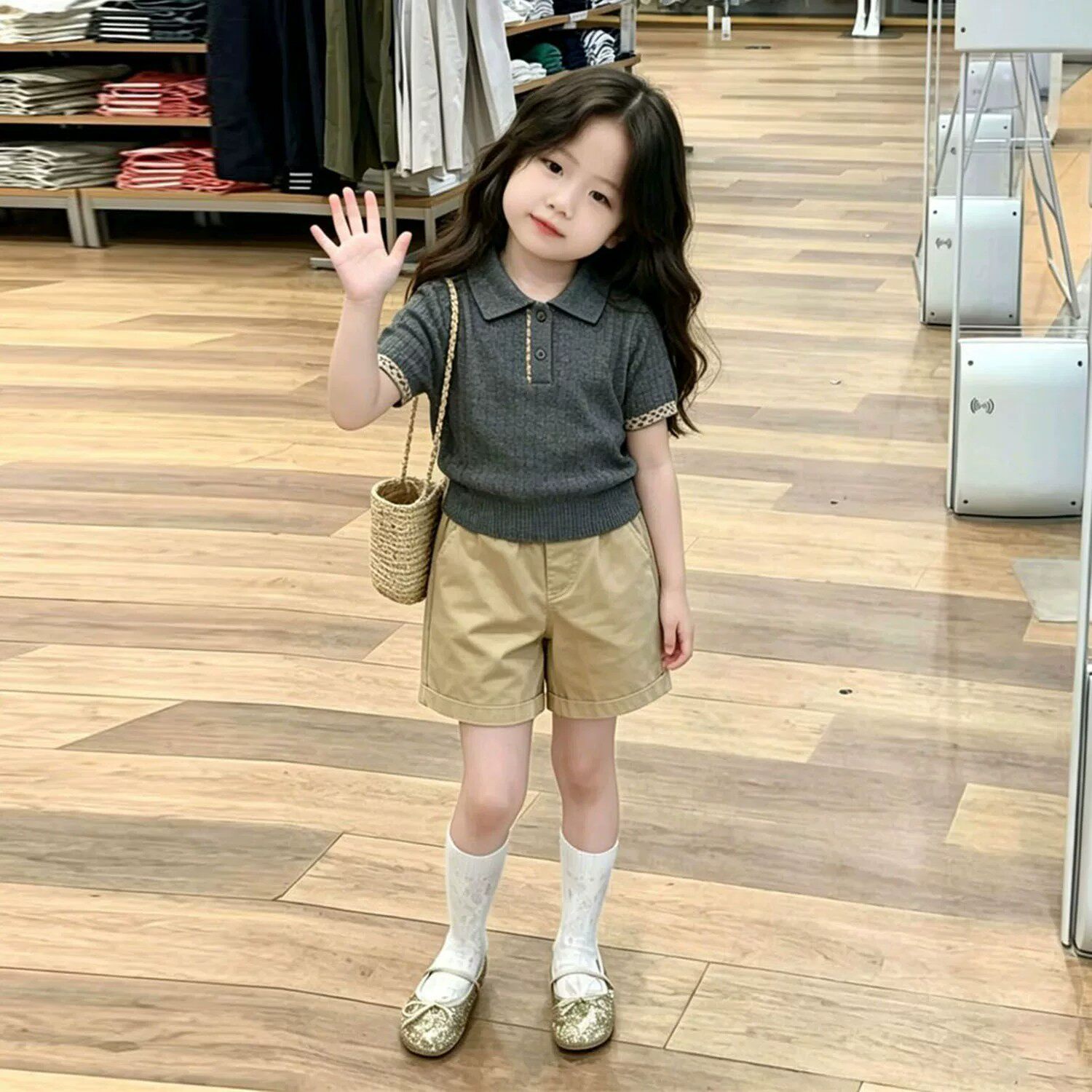 韩版童装2026夏季新款灰色麻花Polo领格子短袖针织衫女童休闲短裤