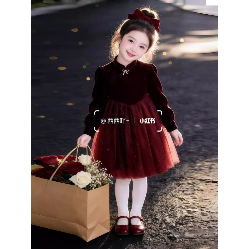 新中式女童2026冬季新款甜美酒红色丝绒网纱公主裙女孩生日礼服裙