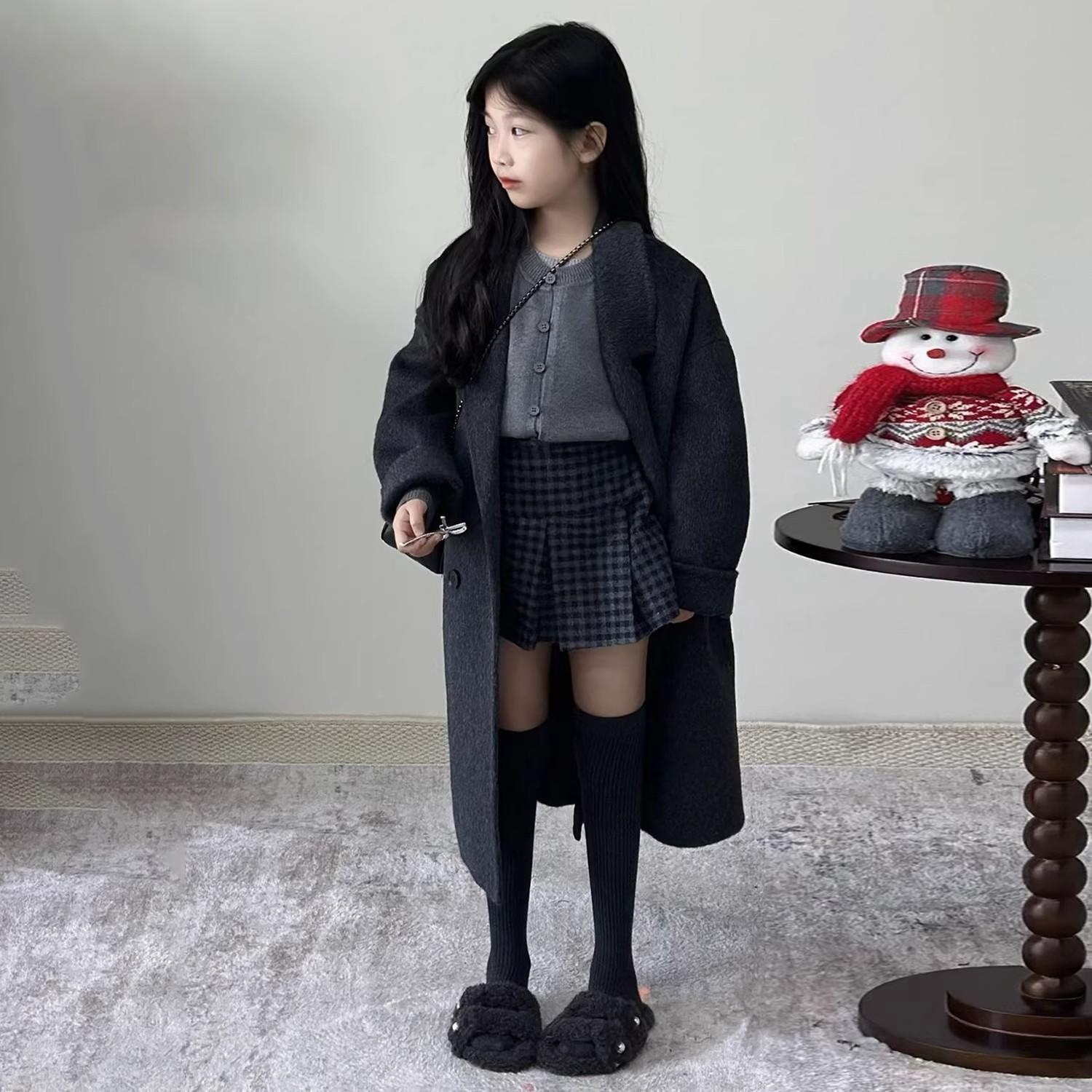 韩版女童秋冬深灰色翻领呢大衣