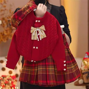 韩版女童25冬季拜年套装小香风红色蝴蝶结加厚毛衣女孩格纹百褶裙