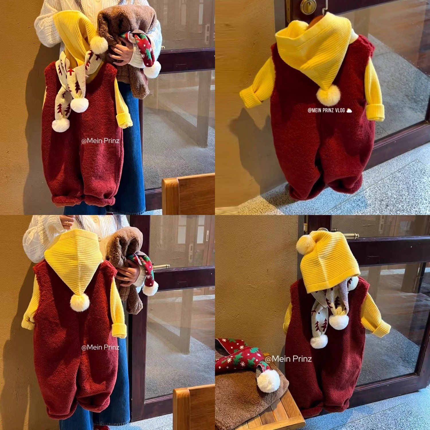 男女童冬季红色羊羔绒背带连体裤