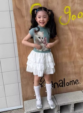 韩版女童2025夏季新款蓝灰色可爱小白猫褶皱T恤女孩薄款针织上衣