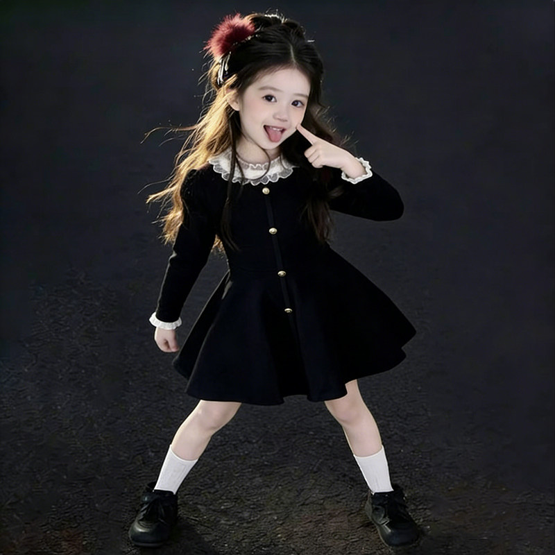 女童赫本风长袖小黑裙2026春秋新款女孩韩高级感公主裙生日裙礼服