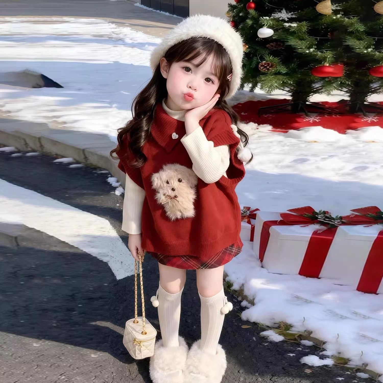 韩版女童2025秋冬新年红色可爱小狗斗篷毛衣小女孩拜年格纹半身裙