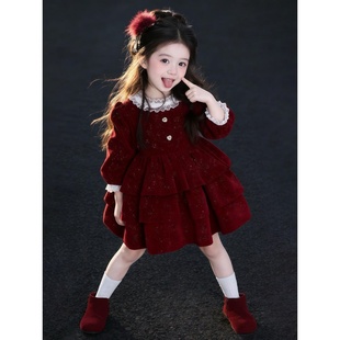 韩版女童2025冬季新年款甜美红色丝绒蛋糕裙小女孩层次感公主裙子