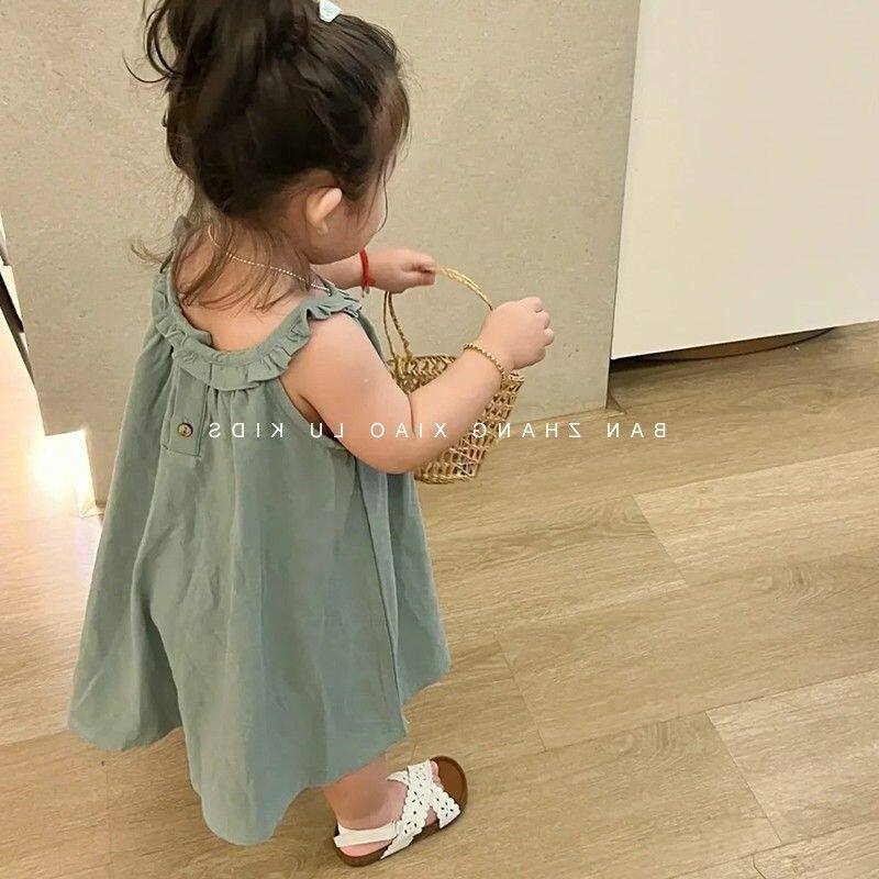 韩版女童度假风连衣裙2026夏季新款蓝色挂脖式背心裙女宝宝沙滩裙