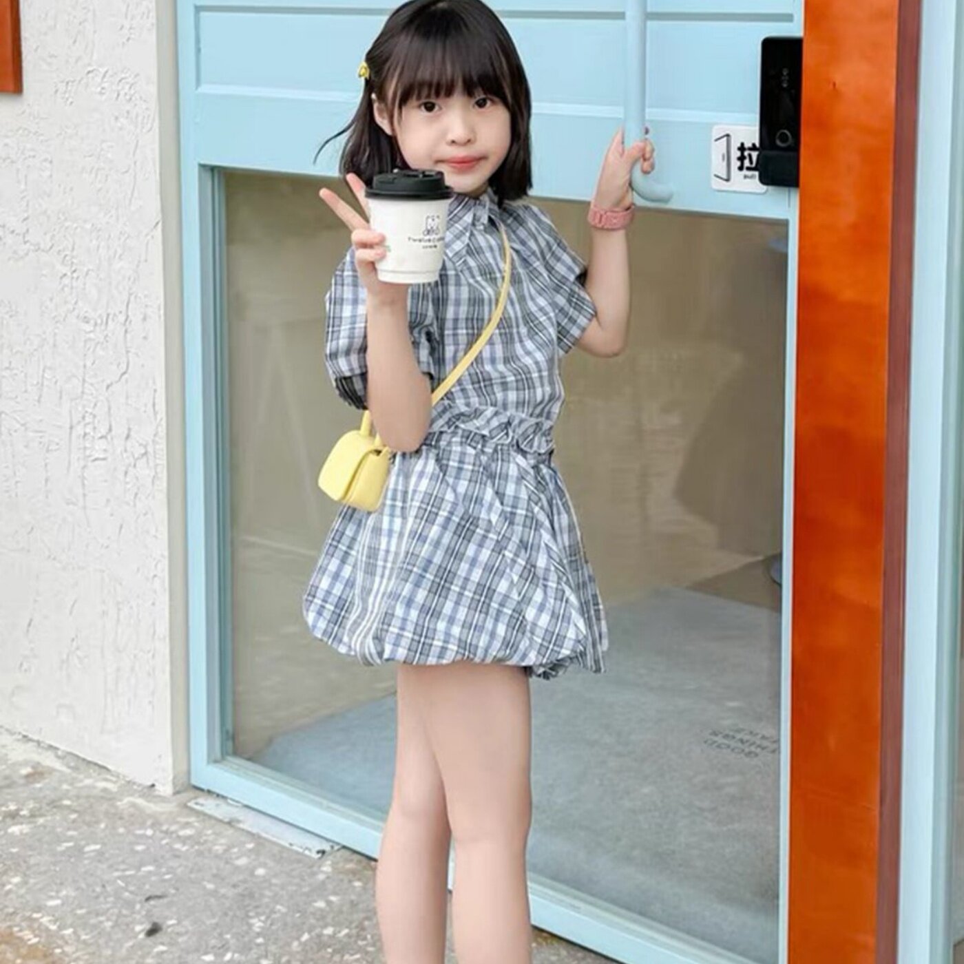 女童学院风格子衬衫上衣花苞裙裤