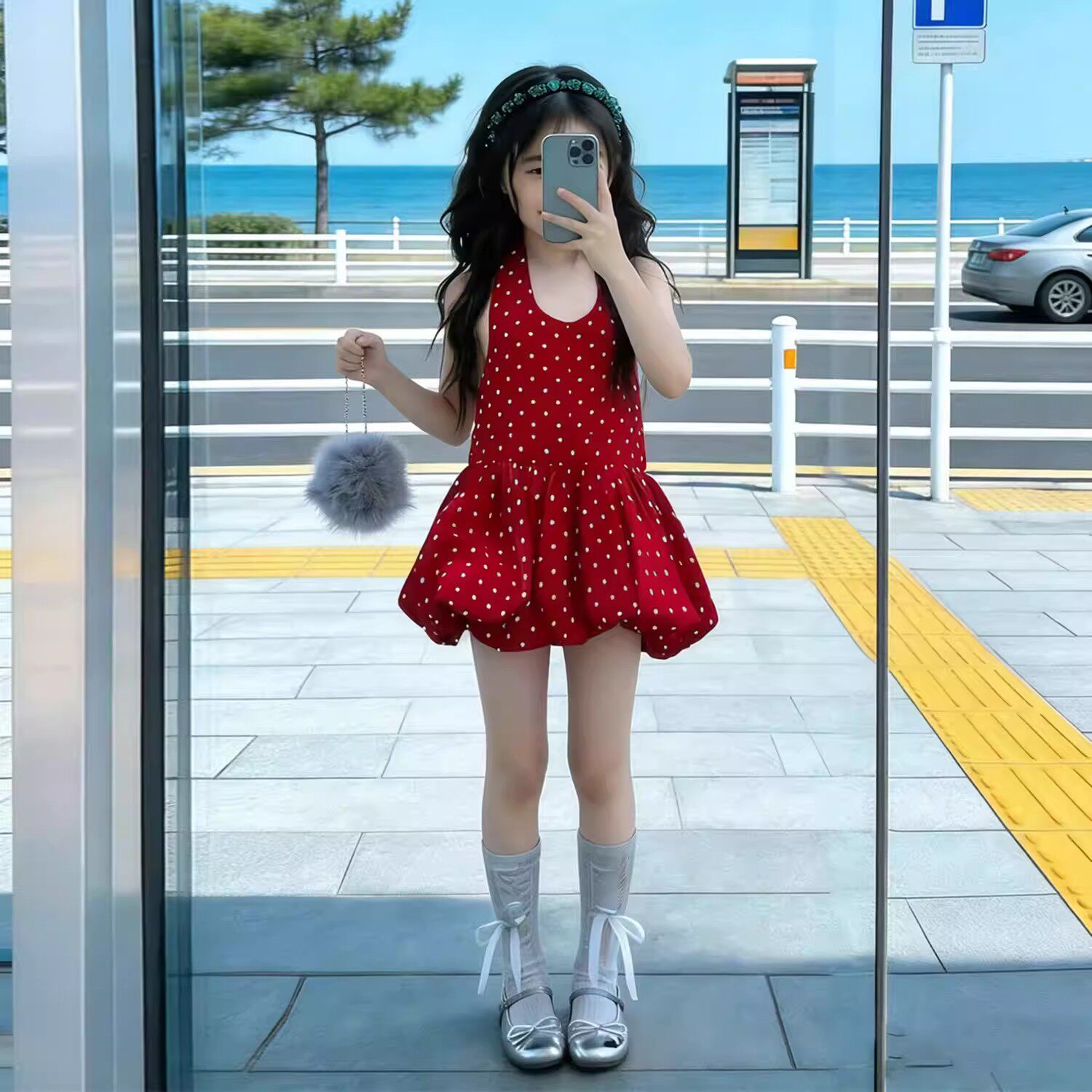 女童夏季红色波点挂脖背心裙子