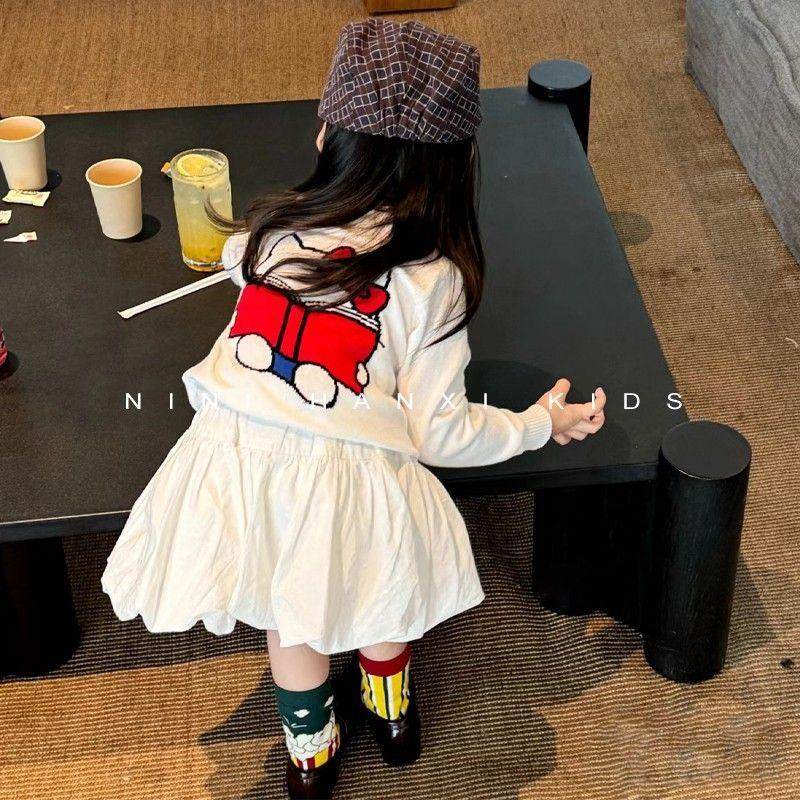 韩版女童2026春季新款白色卡通kt猫薄款针织开衫女宝宝花苞半身裙