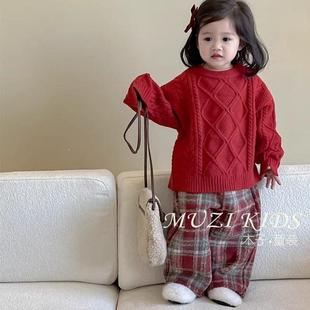 韩版童装女童毛衣秋冬洋气复古针织麻花套头衫男童宝宝红色上衣潮