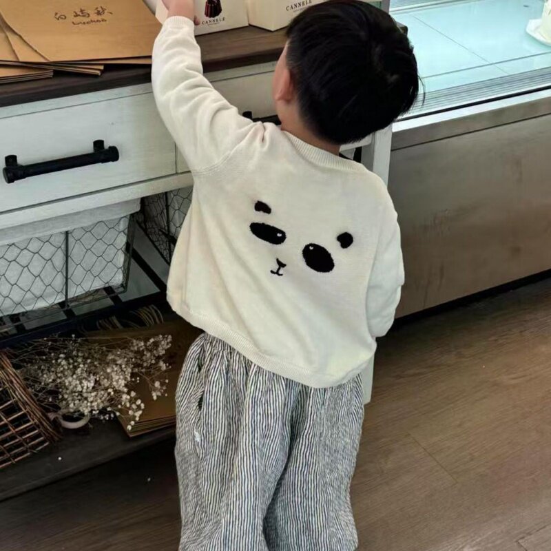 韩版儿童2026春季新款奶白色熊猫薄款针织开衫男女童竖条纹阔腿裤