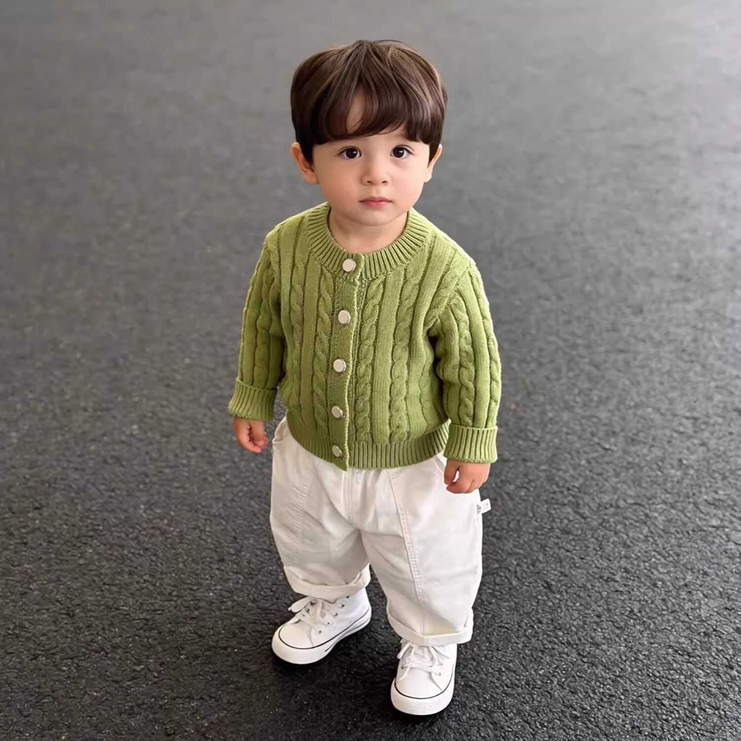 韩版男童2026春季新款绿色麻花毛衣儿童百搭外套白色休闲裤两件套