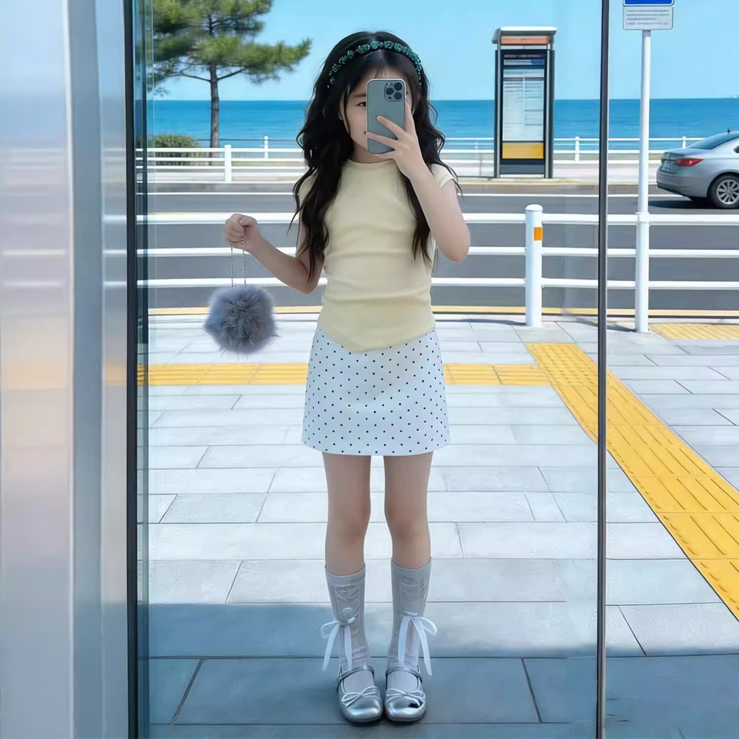 女童夏季奶黄色修身弹力T恤上衣