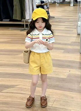 女童多巴胺百搭POLO衫26夏新款彩色条纹针织短袖儿童黄色休闲短裤