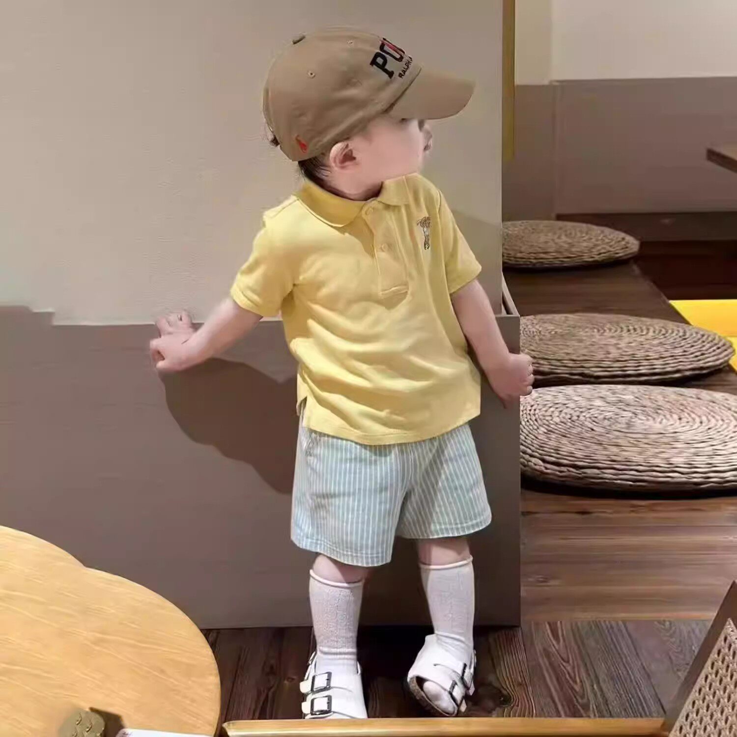 韩版男童夏季学院风黄色刺绣上衣