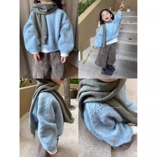 韩版女童2026春秋新款蓝色镂空宽松针织毛衣儿童时尚针织套头毛衣