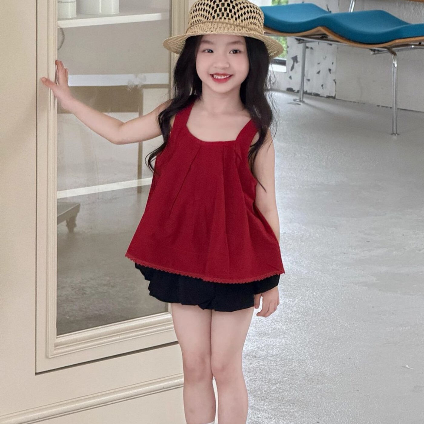 韩版女童2026夏季新款甜美红色吊带蕾丝花苞背心女孩黑色蓬蓬短裤