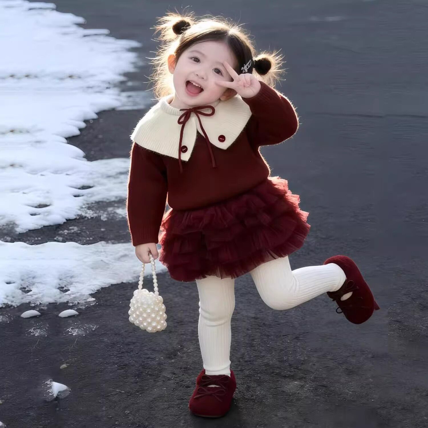 韩版女童2025冬季新款小香风红色娃娃领加厚毛衣女孩网纱蛋糕半裙