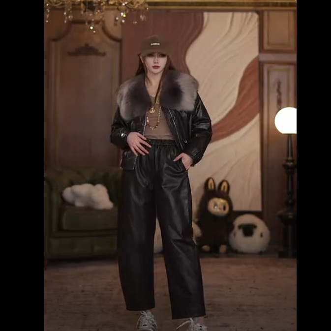 HERDERS 黑色牛皮油蜡皮裤 257870