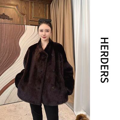 HERDERS 乌木棕V领中长款皮毛一体外套 52688