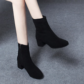 羊皮小短靴瘦瘦靴女2025年秋冬新款 裸靴粗跟圆头绒面真皮磨砂单靴