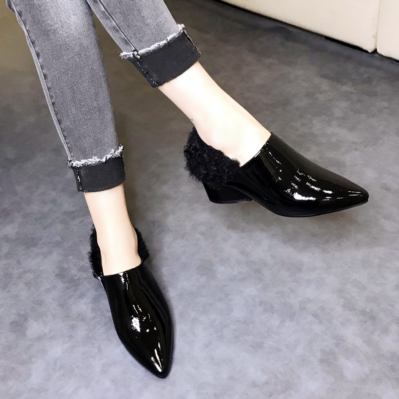 秋鞋2025年新款漆皮秋冬毛毛鞋冬