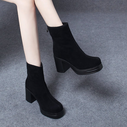 2025冬季新款厚底防水台高跟鞋秋冬粗跟短靴女靴子羊皮磨砂马丁靴