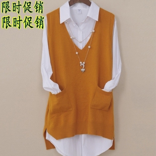 韩版新款大码带兜宽松中长款V领针织马甲毛衣背心套头毛线坎肩