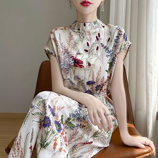新中式系带印花立领连衣裙女时尚气质醋酸缎面垂感显瘦A字长裙夏