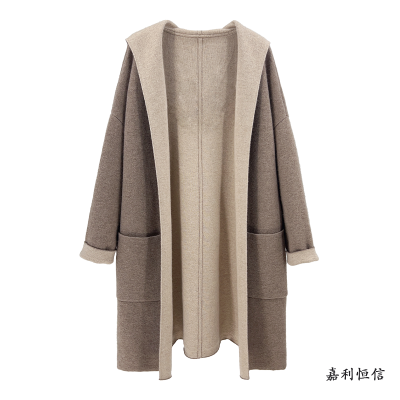 618时尚随性无扣双面双色带帽女式纯山羊绒中长款针织风衣